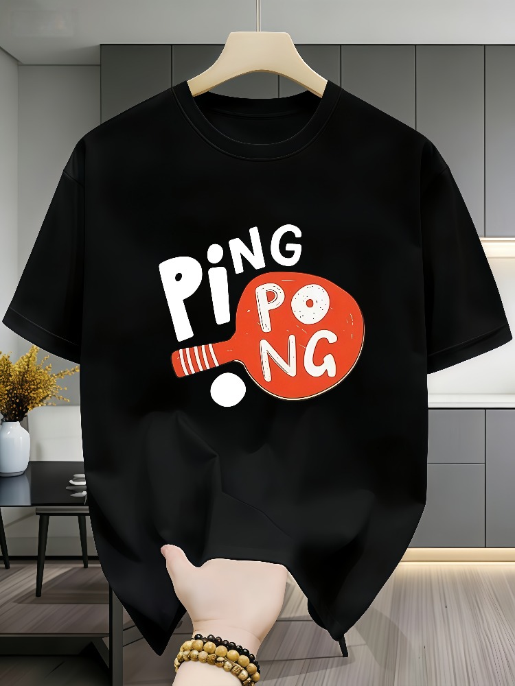 Table Tennis Graphics - メンズカジュアル卓球グラフィックコットンTシャツ、ピンポンバットボールレタープリント、クルーネック半袖、夏用アスレチックデイリーアウトフィット