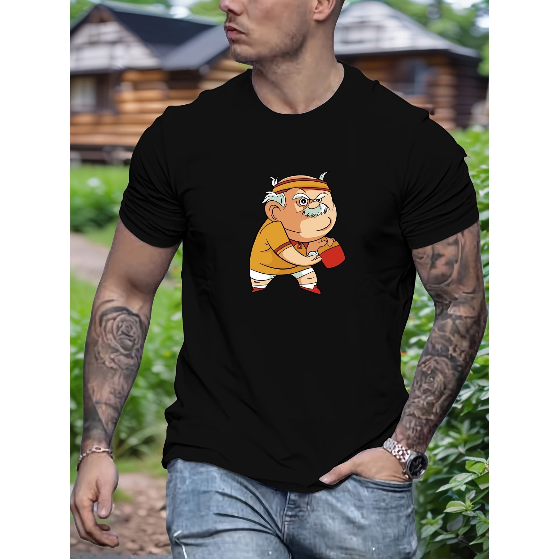 Table Tennis Graphics - 面白い老人卓球グラフィック半袖コットン Tシャツ男性用カジュアル夏用