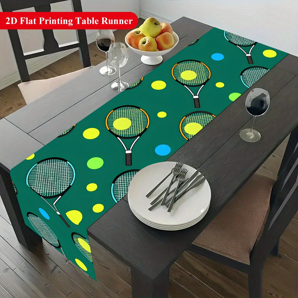 Table Tennis Live - テニスボールとラケット柄のテーブルランナー、ダイニングコーヒーテーブル、キッチン、家族のパーティー、休日に最適な鮮やかな装飾品