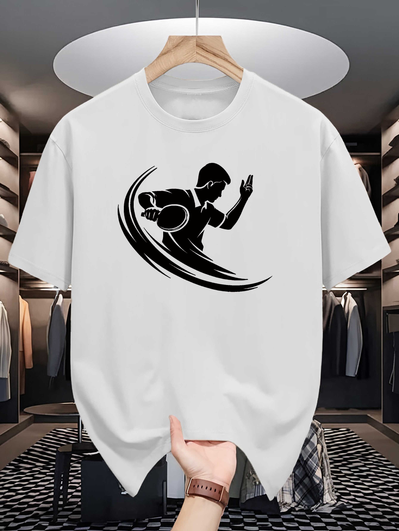 男性クルーネック Tシャツ卓球選手シルエットスポーツグラフィ - Table Tennis Graphics のレビューと価格