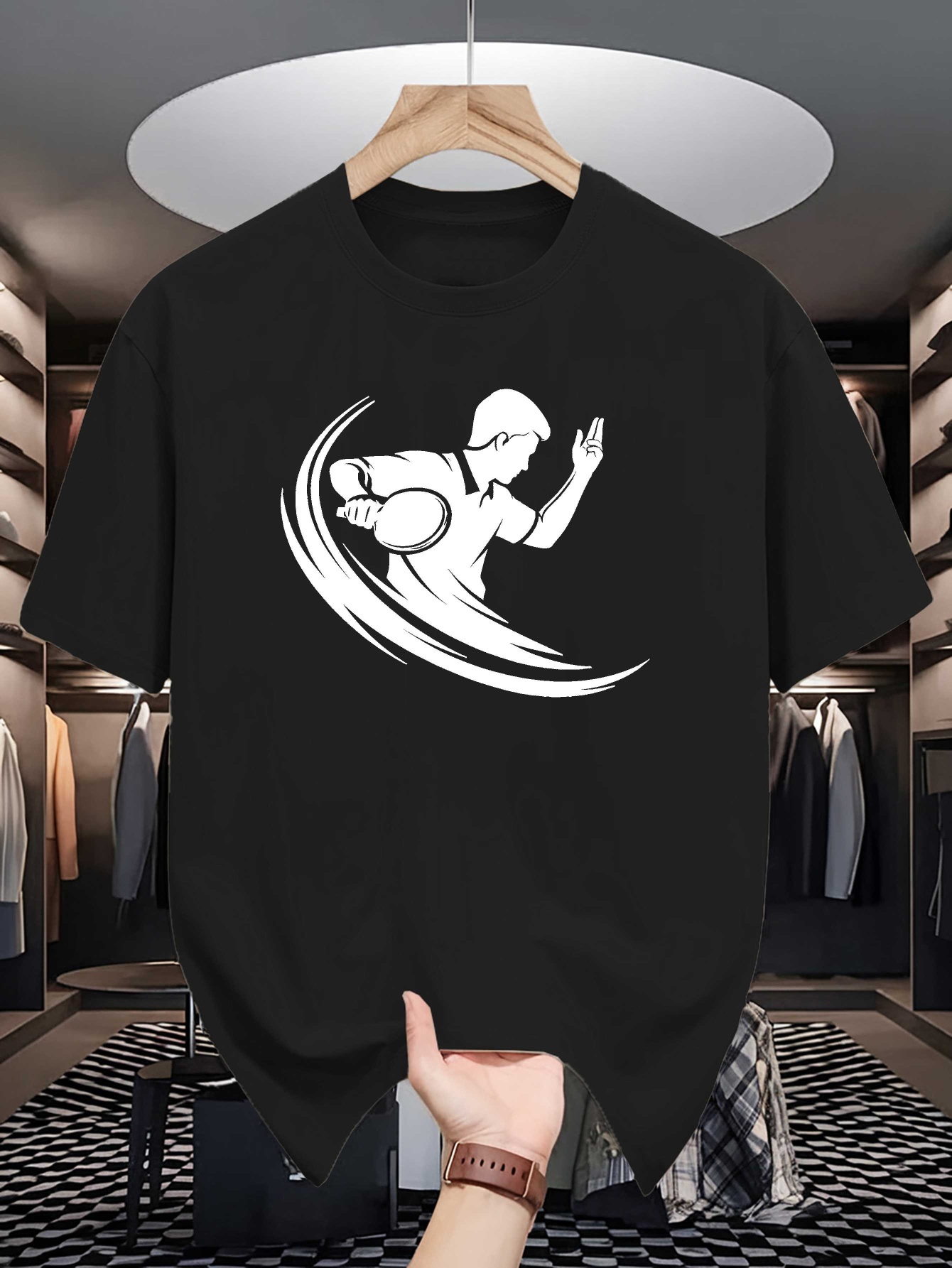 男性クルーネック Tシャツ卓球選手シルエットスポーツグラフィ - Table Tennis Graphics のレビューと価格